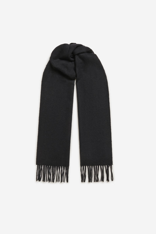 Women's accessories cashmere scarf, black, with fringe details.