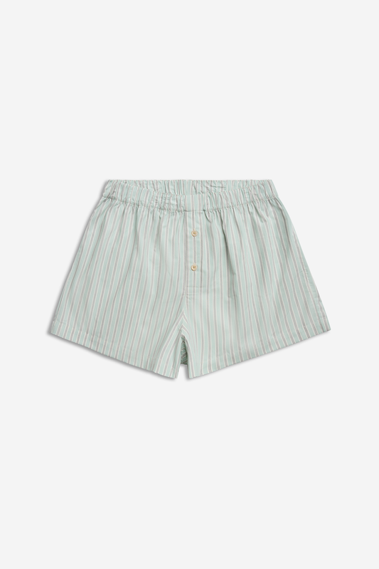 Men's jersey boxershorts, organic cotton, light green and white striped, with button fly.
