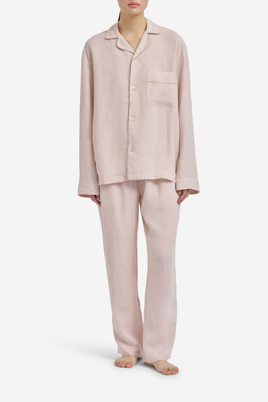 Women's long-sleeved shirt and long-pants pyjama set in apple blossom 100% Belgian linen with piped trim.