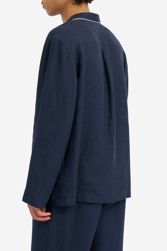 Women's long-sleeved shirt and long-pants pyjama set, 100% Belgian linen, midnight navy with piped trim.