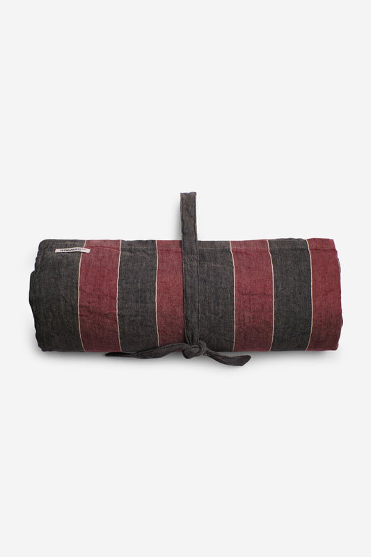 Accessories beach towel, linen-cotton mix, red and navy stripe, rolled with integrated ties.