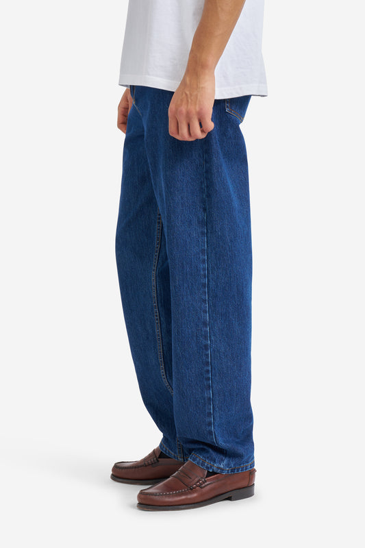 Men's pants, long-pants, organic cotton, enzyme washed, denim blue jeans.