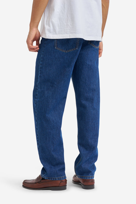 Men's pants, long-pants, organic cotton, enzyme washed, denim blue jeans with straight leg.