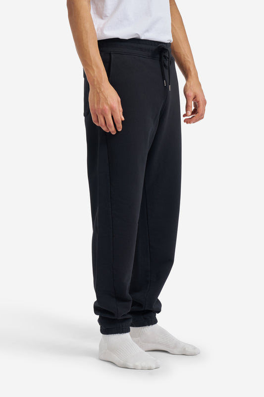 Men's long-pants, organic cotton jersey, black, with drawstring waist and embroidered logo.