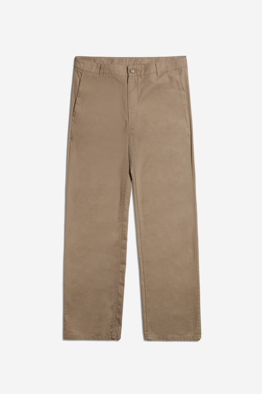 Men's long-pants, organic cotton twill, washed beige, flat front, side pockets, button-up back pockets.