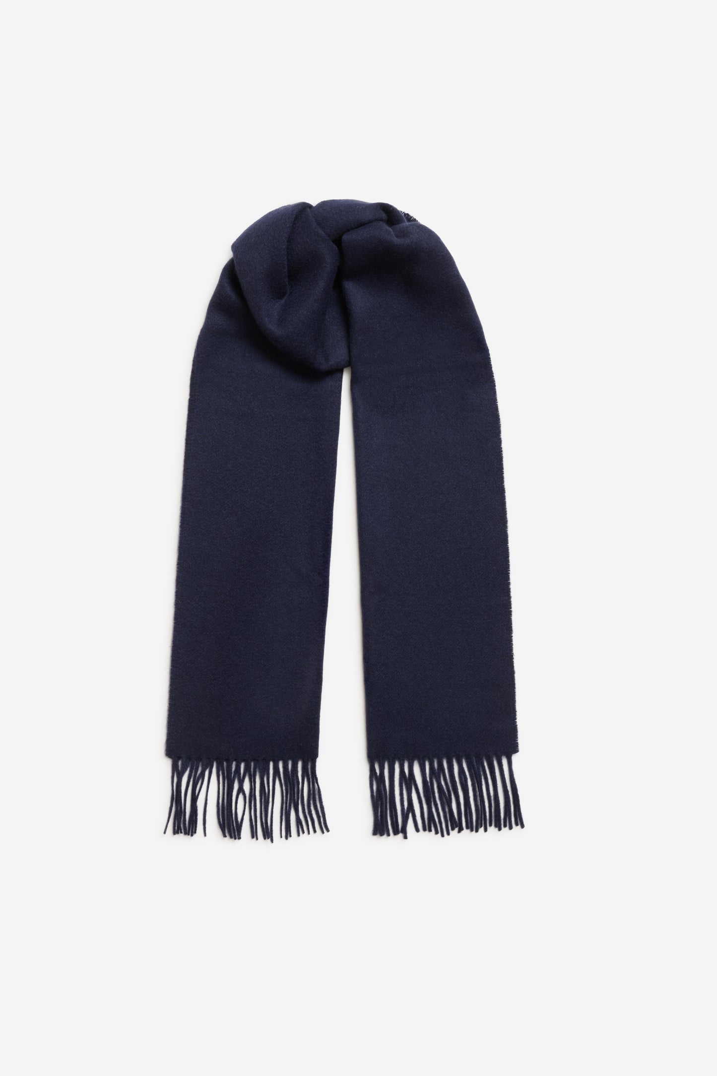 Unisex accessories scarf, 100% cashmere, navy, with fringe ends.