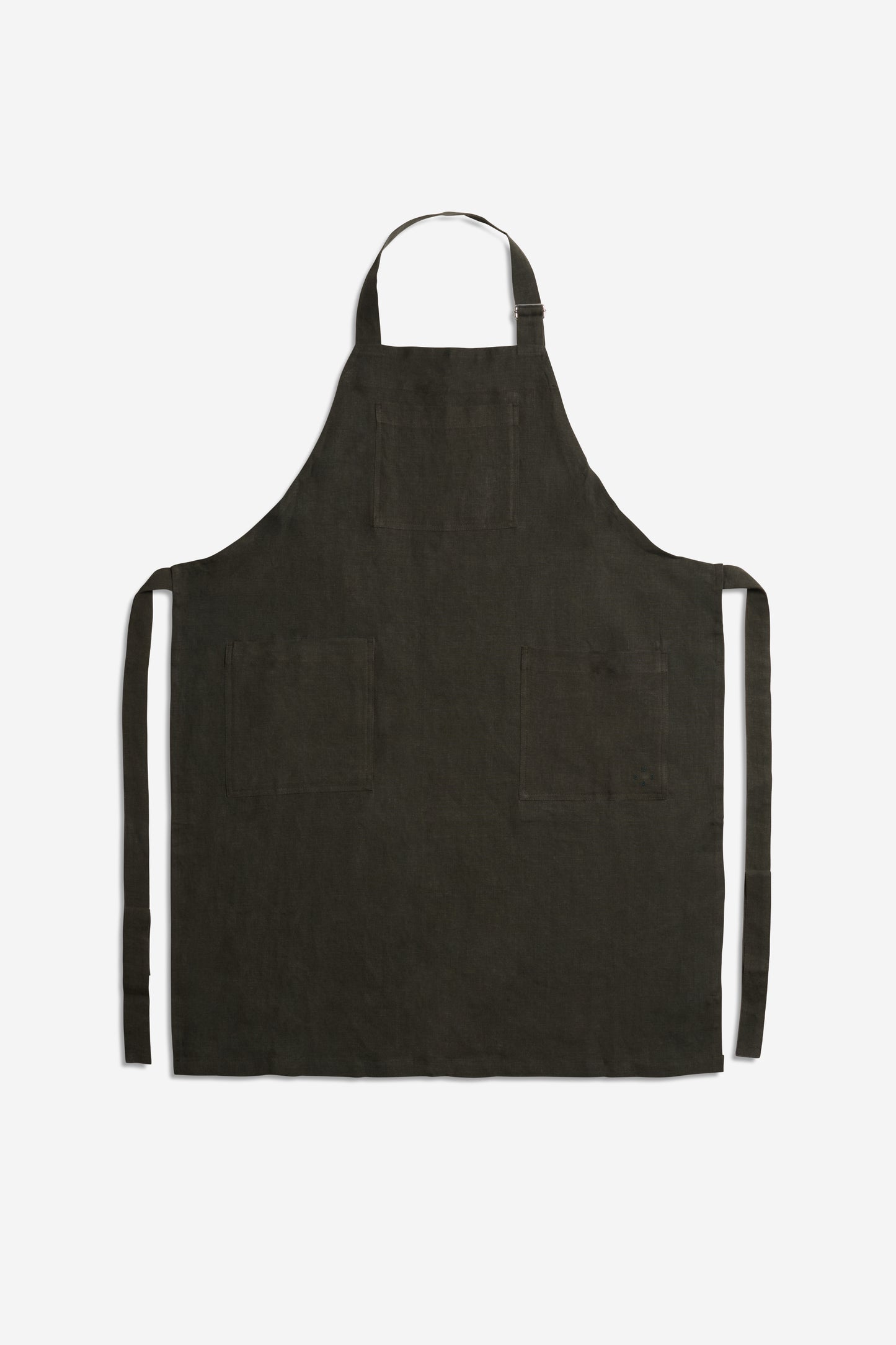Unisex accessories apron, 100% Belgian linen, ivy green, with three patch pockets and adjustable neck strap.