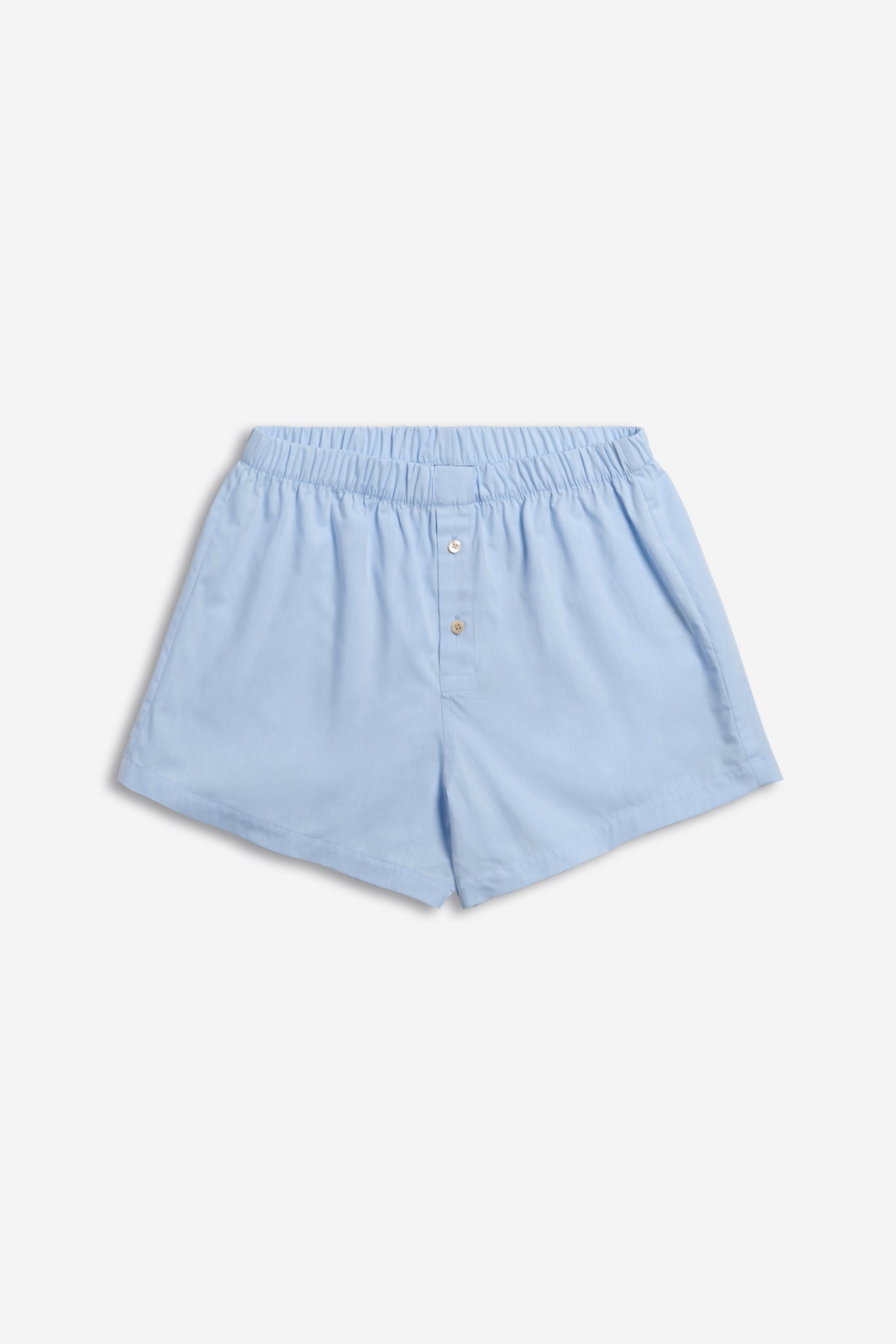 Men's jersey shorts, 100% organic cotton, light blue, with elastic waist and button fly.