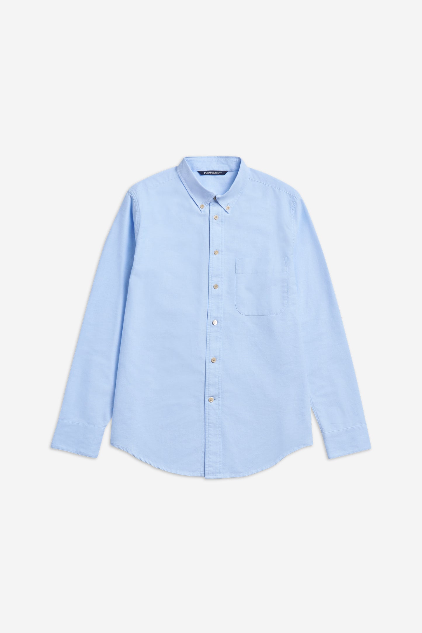 Men's long-sleeved shirt, organic cotton, light blue, with button cuffs, pocket, and pearl buttons.