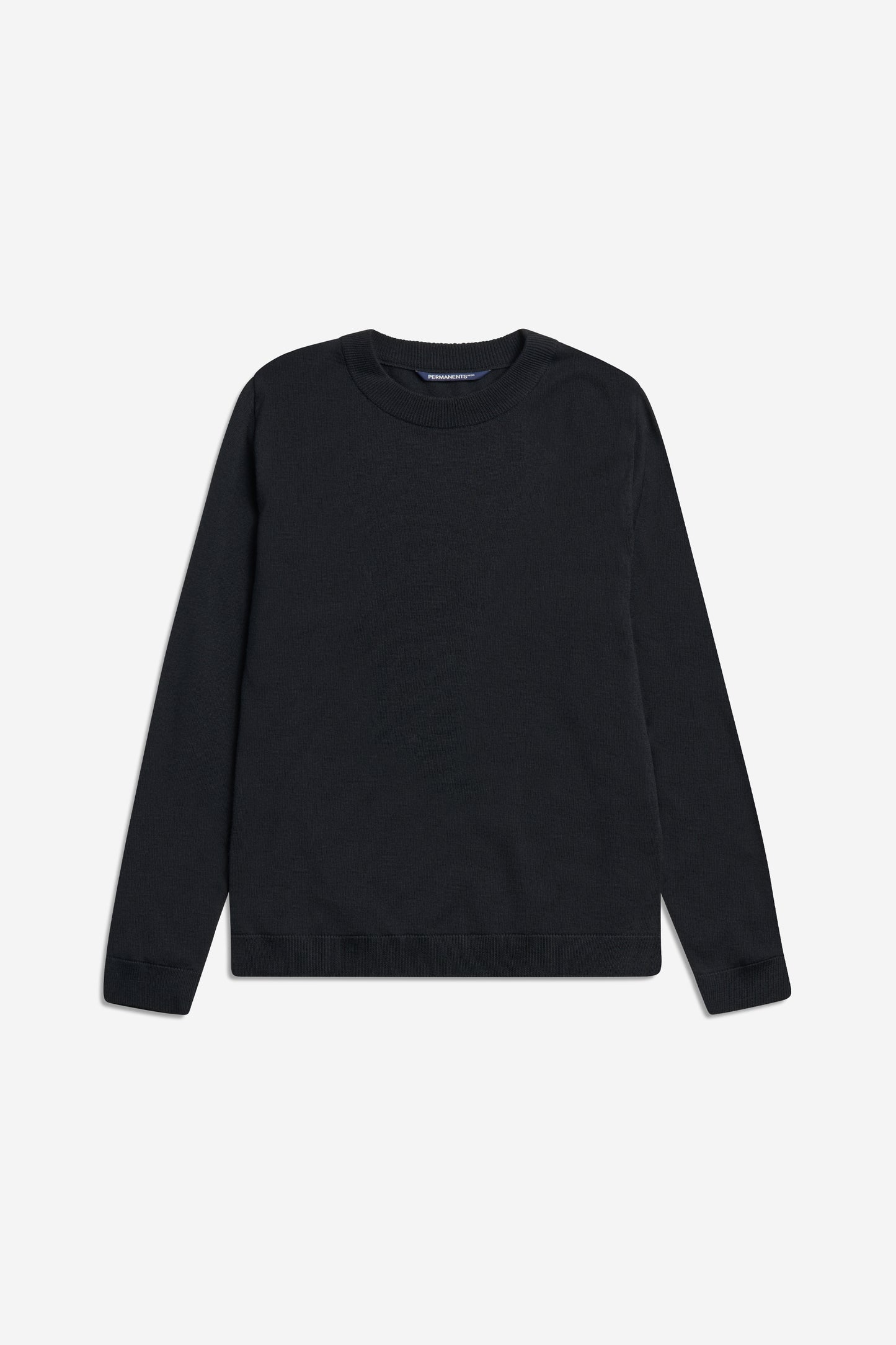Unisex knit crewneck, black mulesing-free merino wool, with rib-knit neck, cuffs, and hem.