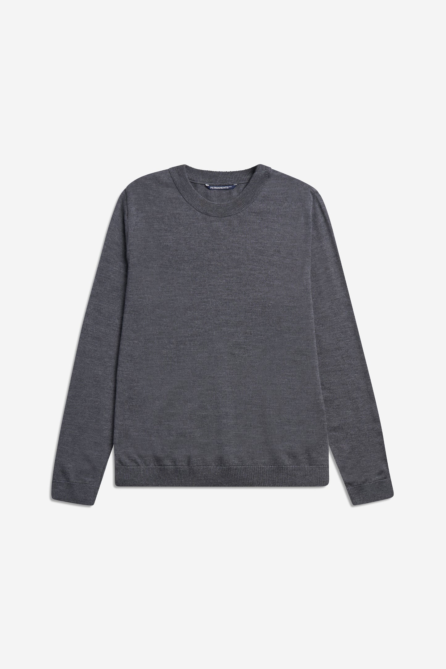 Unisex knit crewneck, dark-grey mulesing-free merino wool, with rib-knit neck, cuffs, and hem.