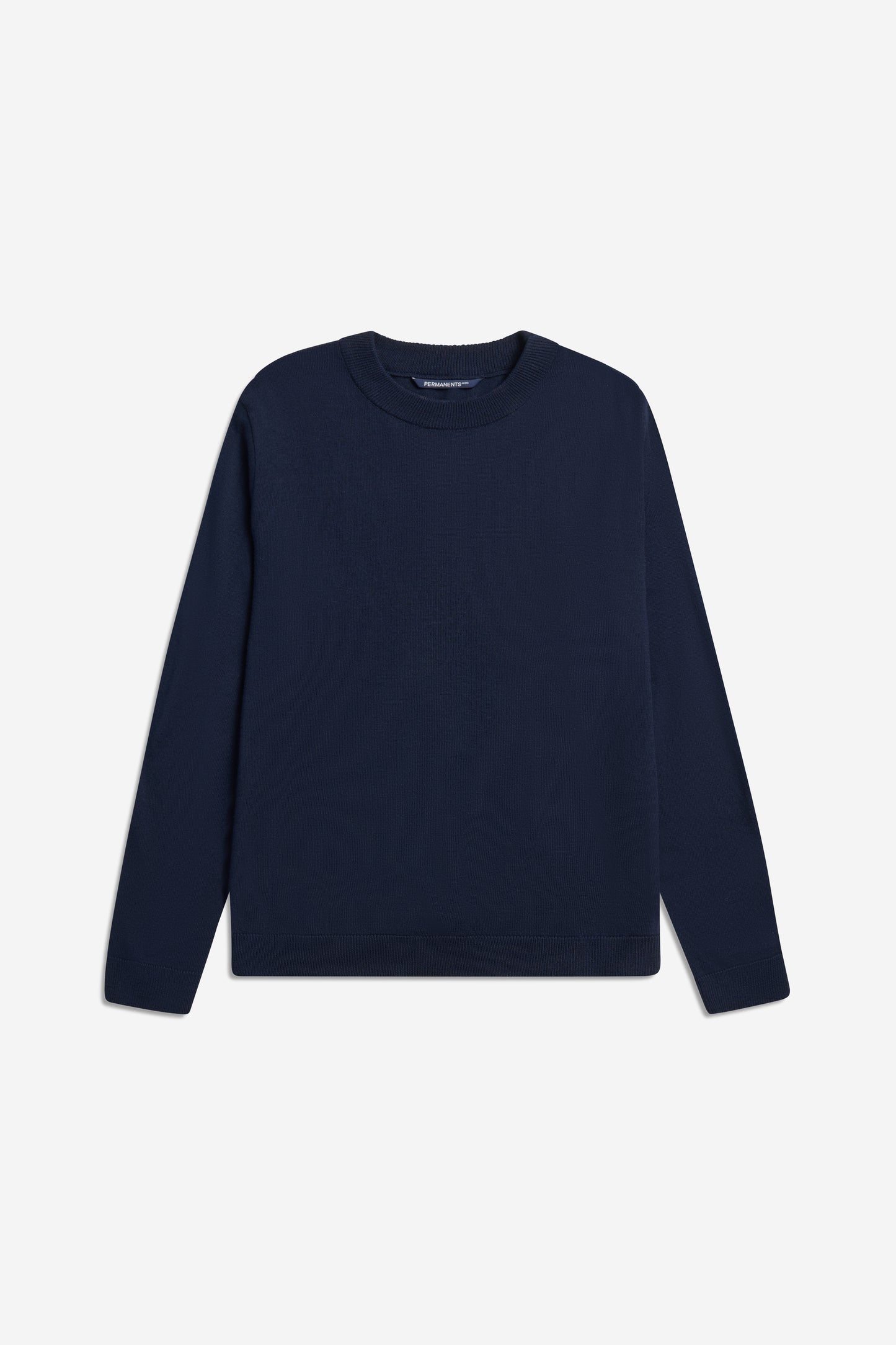 Men's knit crewneck, 100% mulesing-free merino wool, navy, with rib-knit neck, cuffs, and hem.