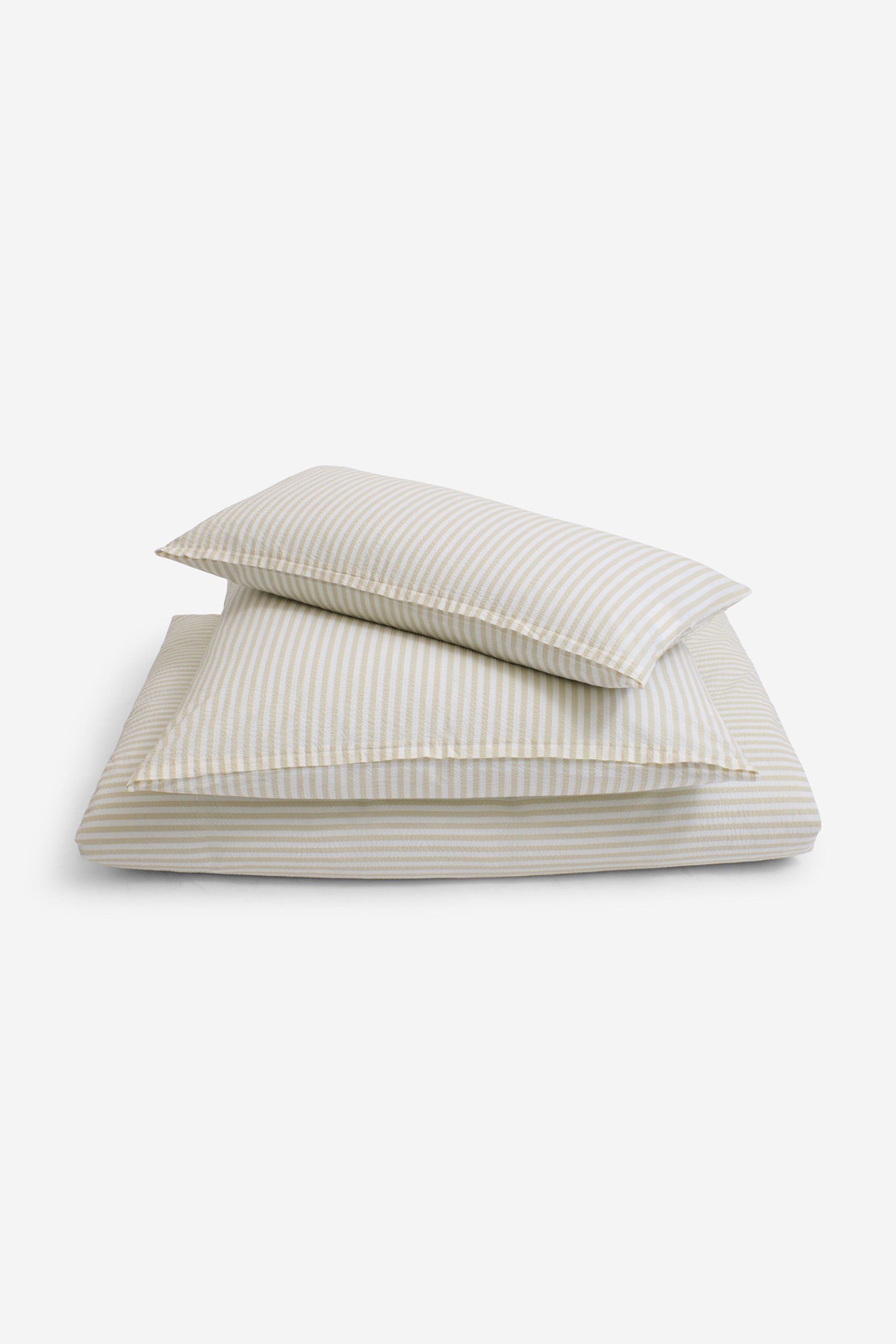 Duvet cover and pillowcase set, 100% organic cotton seersucker, sage stripe, 140x200cm.
