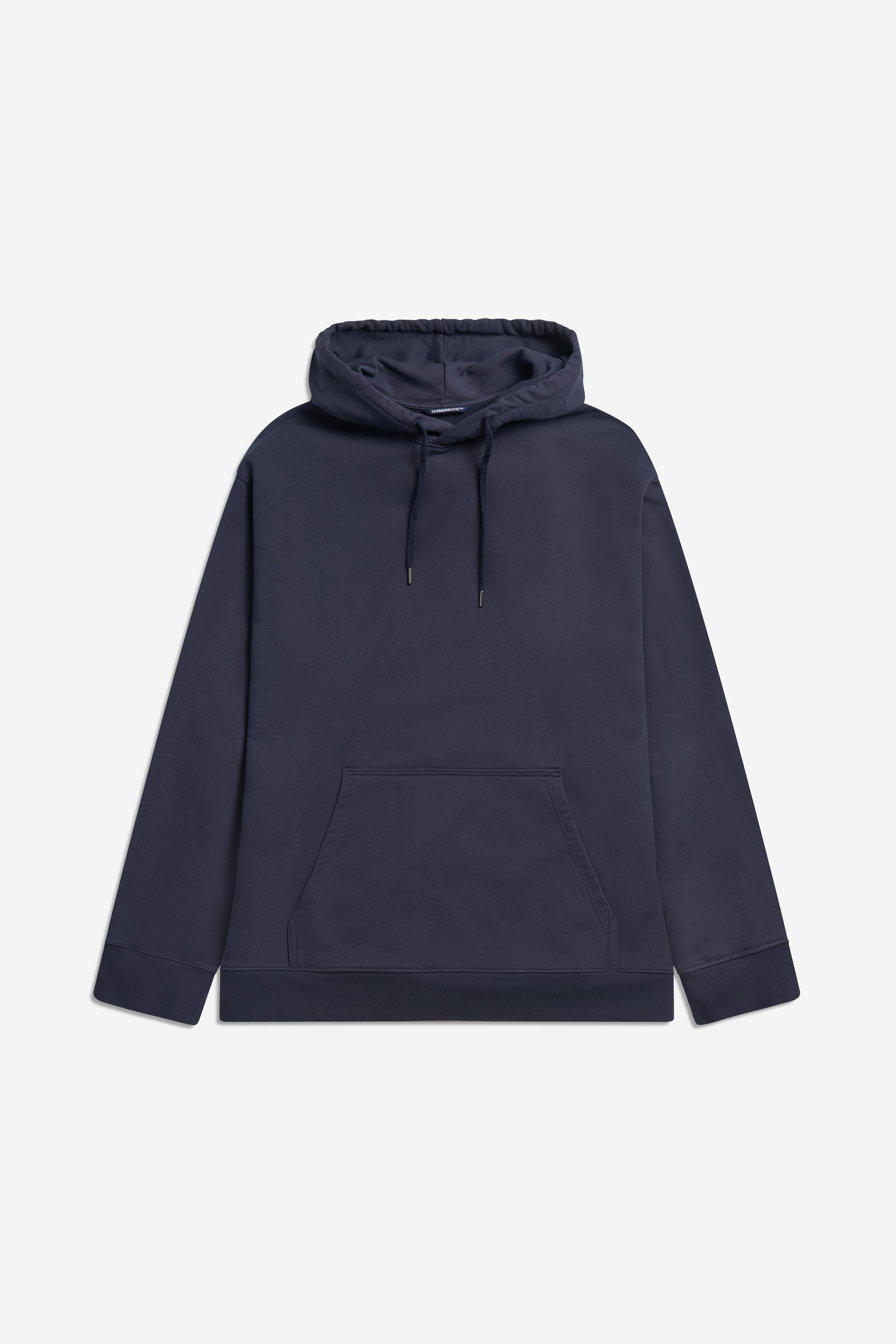 Men's jersey hoodie, 100% organic cotton, pre-washed navy, with kangaroo pocket and adjustable hood.