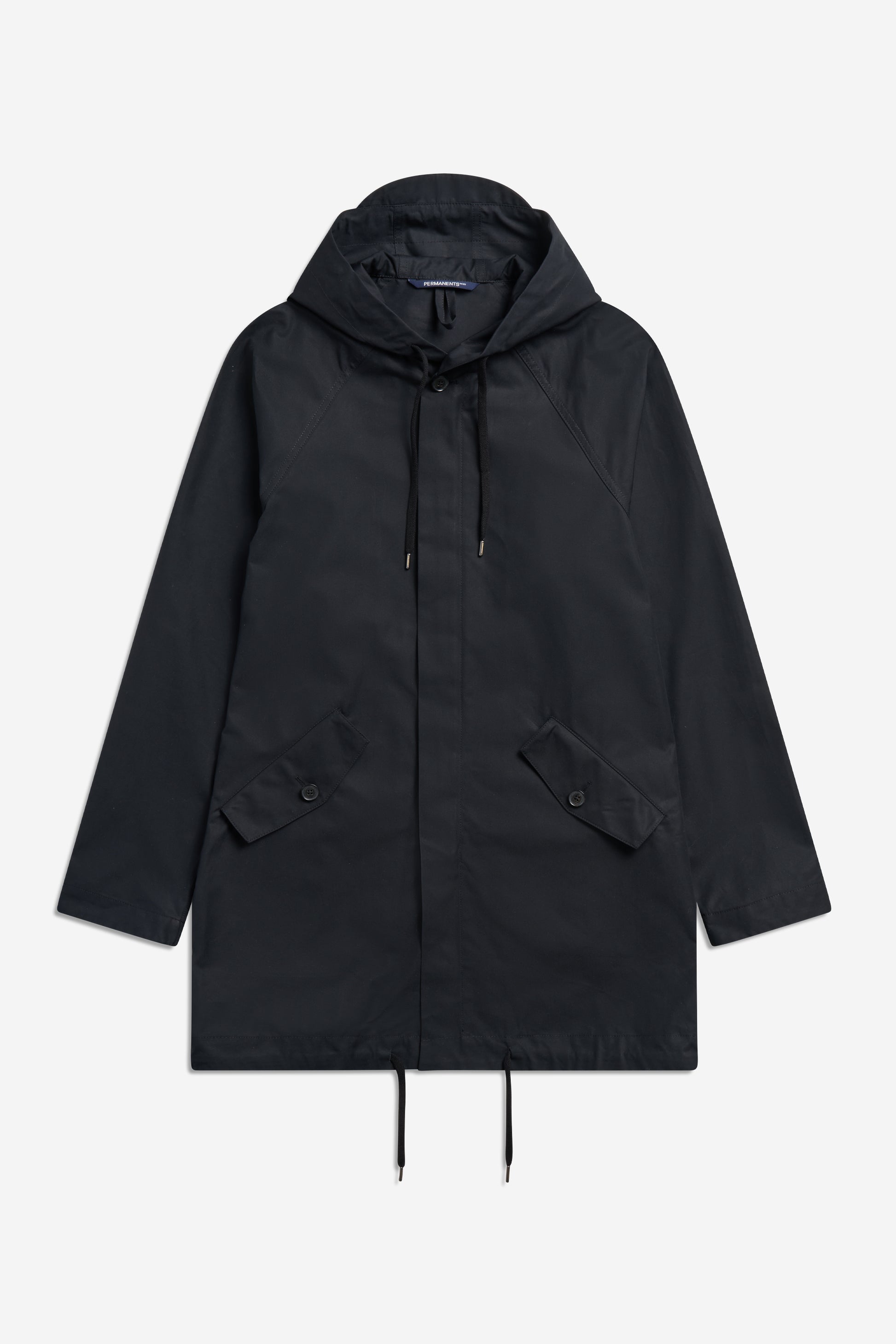 Unisex outerwear parka, black organic cotton EtaProof® fabric, adjustable hood, flap pockets, drawstring hem.