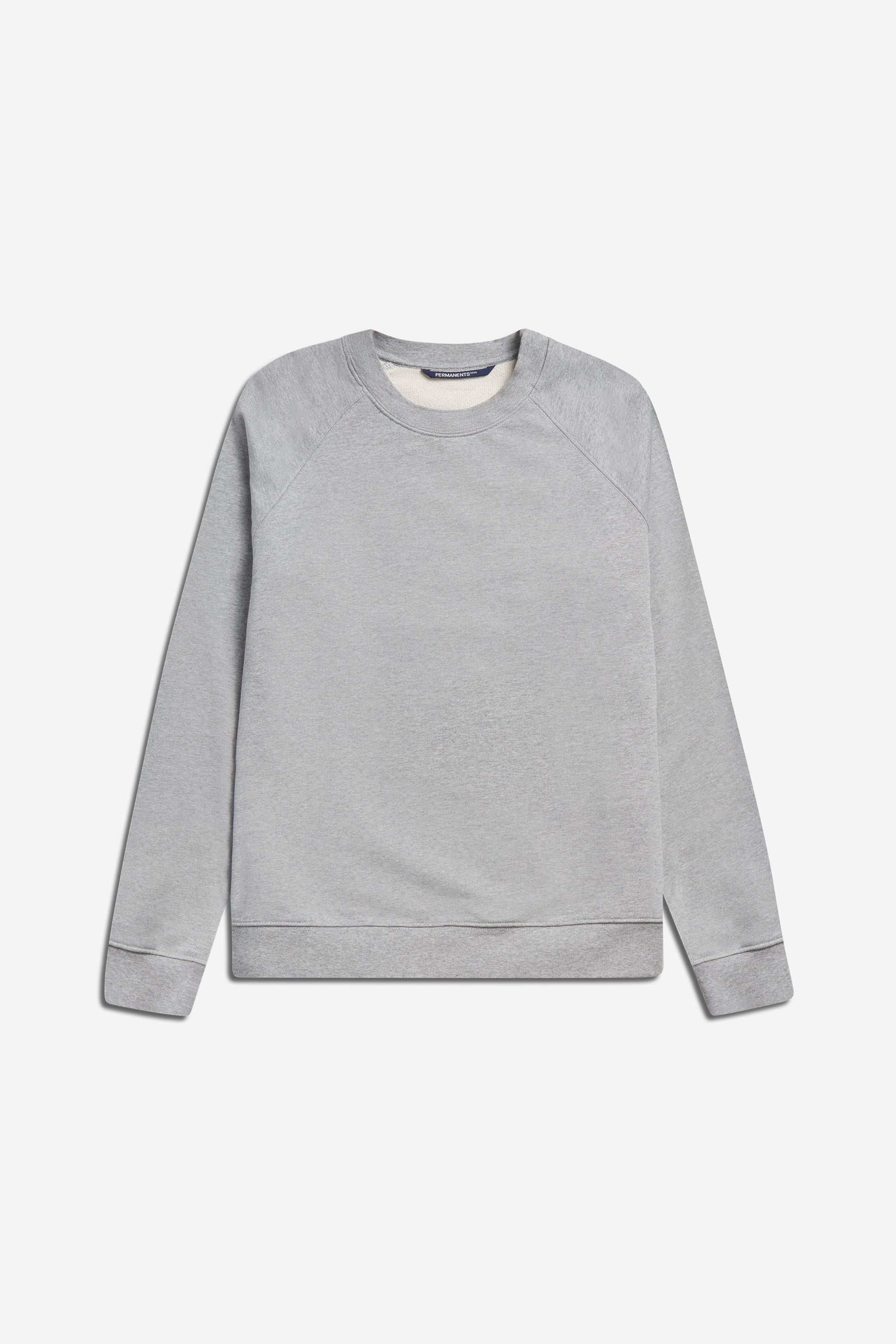 Unisex knit long-sleeved sweater in pre-washed grey melange organic cotton with raglan sleeves.