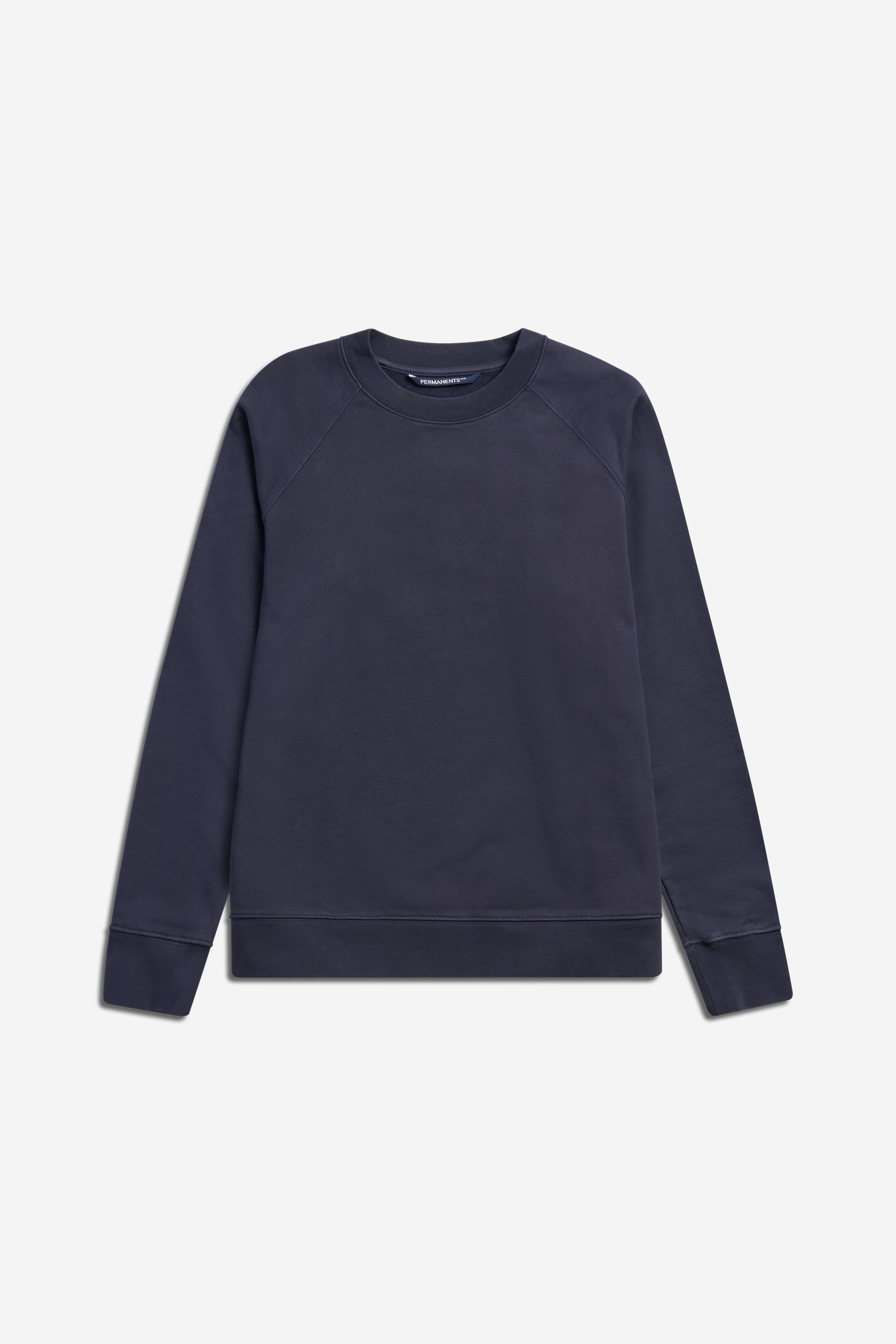 Men's/Women's knit sweater, long-sleeved, 100% organic cotton, pre-washed, navy, with raglan sleeves.