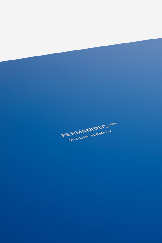 Accessories tray, large, gentian blue coated aluminum, "PERMANENTS MADE IN GERMANY" text.
