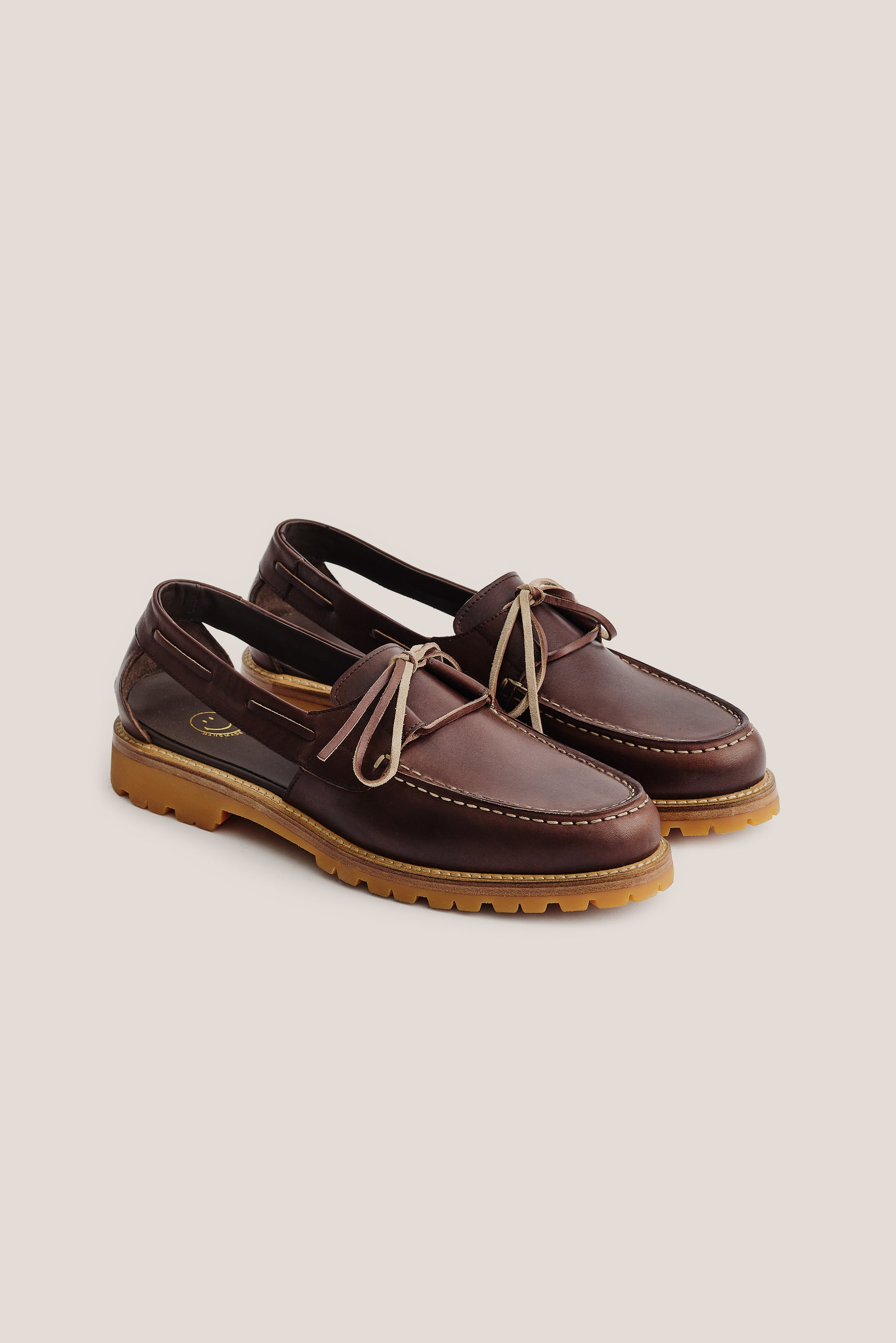 Men's accessories, Barolo Boat Sandal, premium Italian vegetal cowhide, dark brown, with lug sole and natural laces.