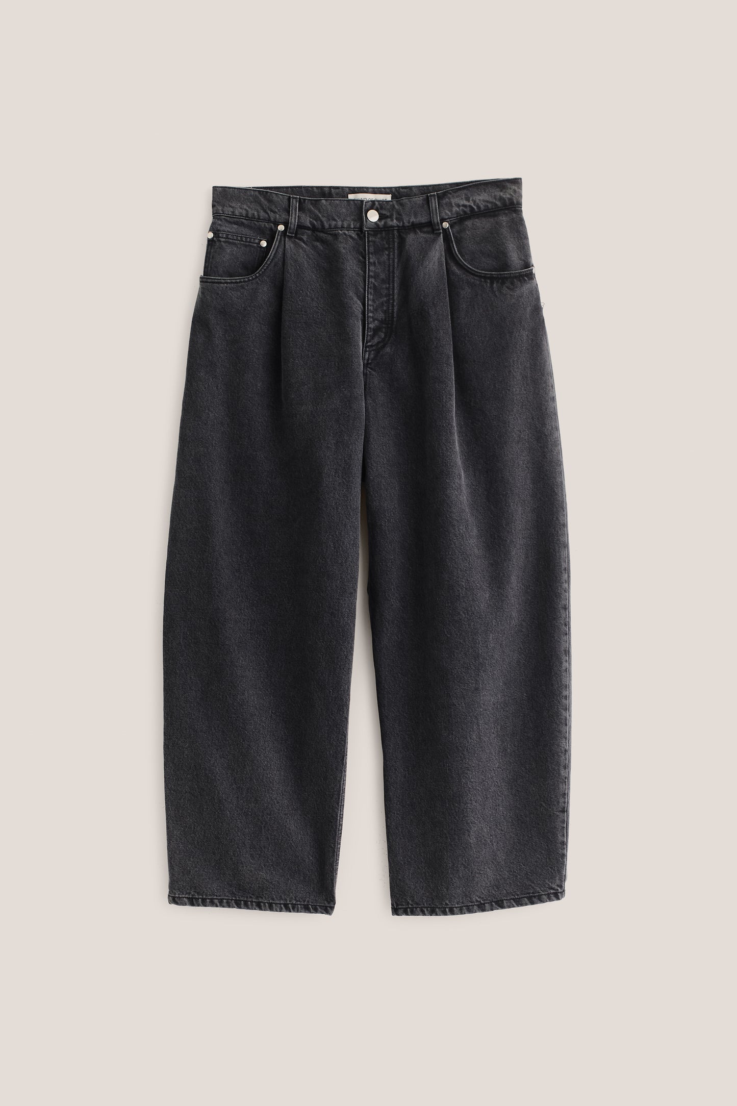 Men's pants, long-pants, organic cotton, stone wash, dark grey pleated denim with wide, cropped leg.