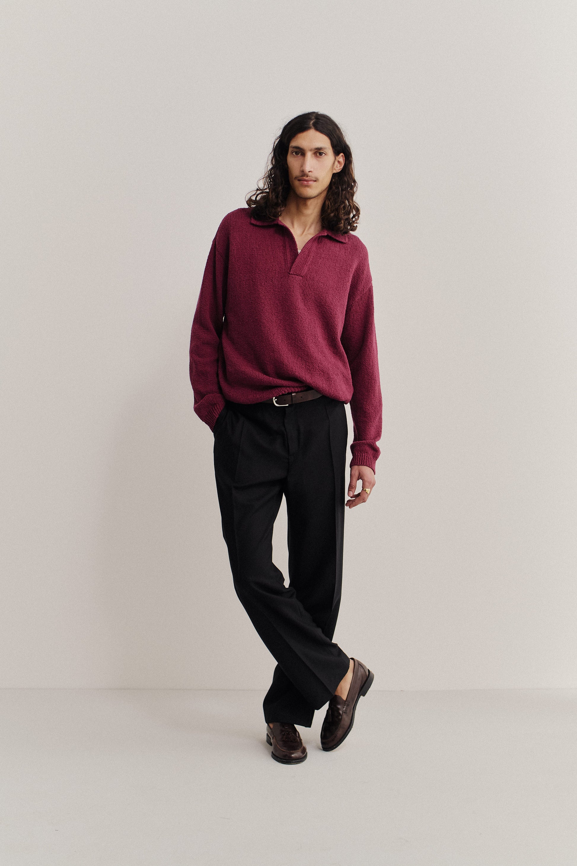 Men's knit long-sleeved polo, 100% organic cotton bouclé, deep red.