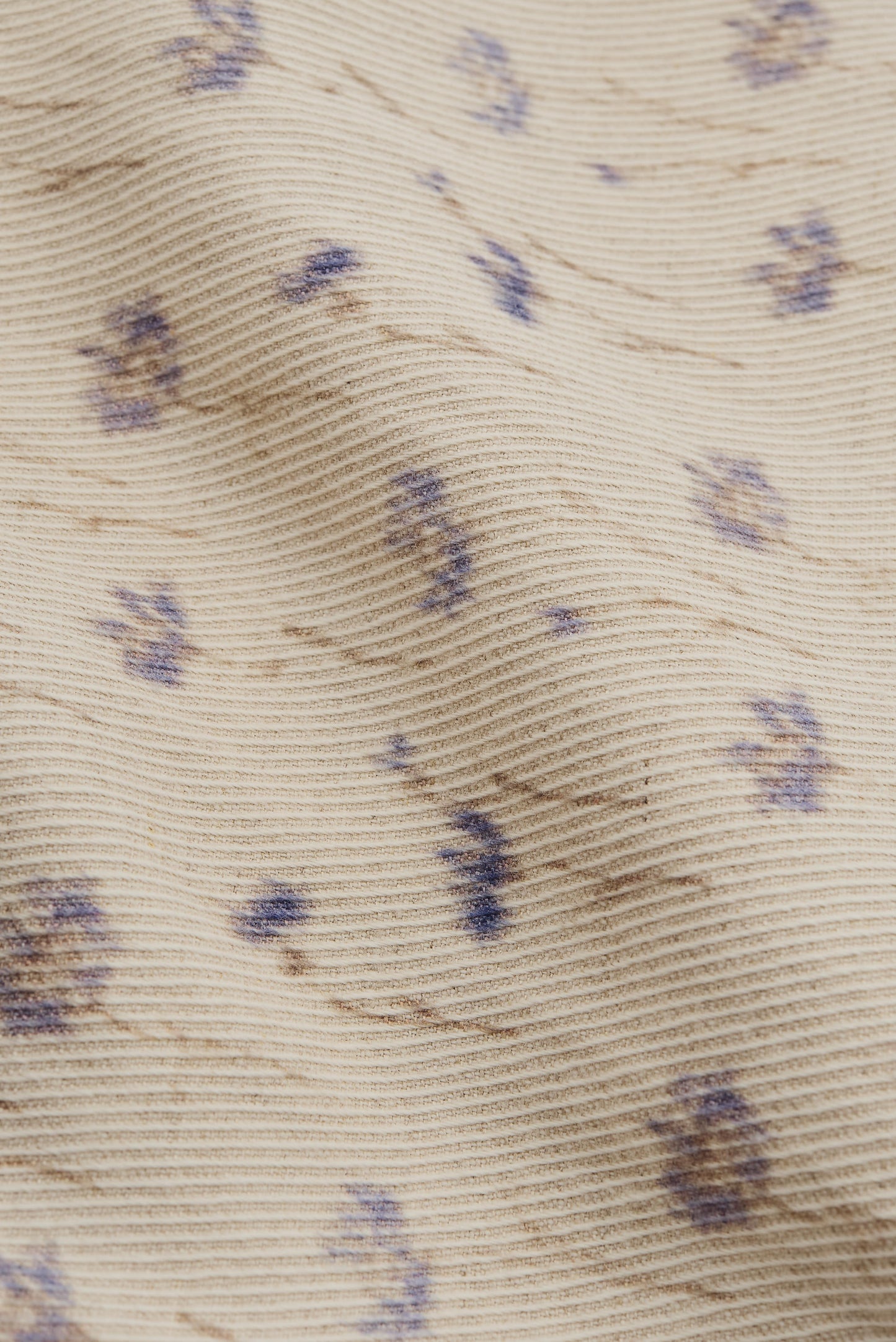 Men's long-sleeved shirt, cotton-linen blend twill, ecru with subtle lilac and brown floral print.