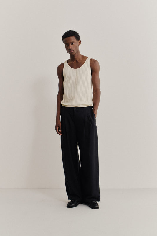Men's long-pants, lyocell heavy twill, black, relaxed fit, wide leg, double side pleats.