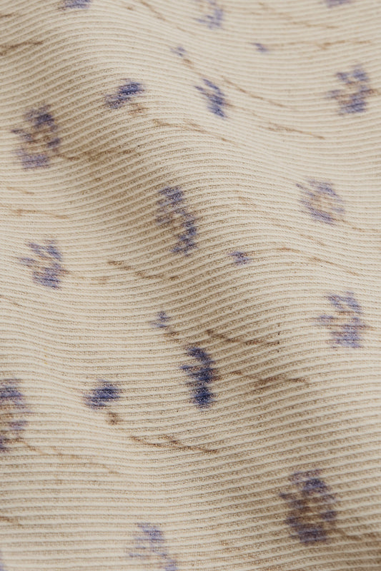 Men's long pants, cotton-linen twill, ecru with subtle lilac and brown floral print.