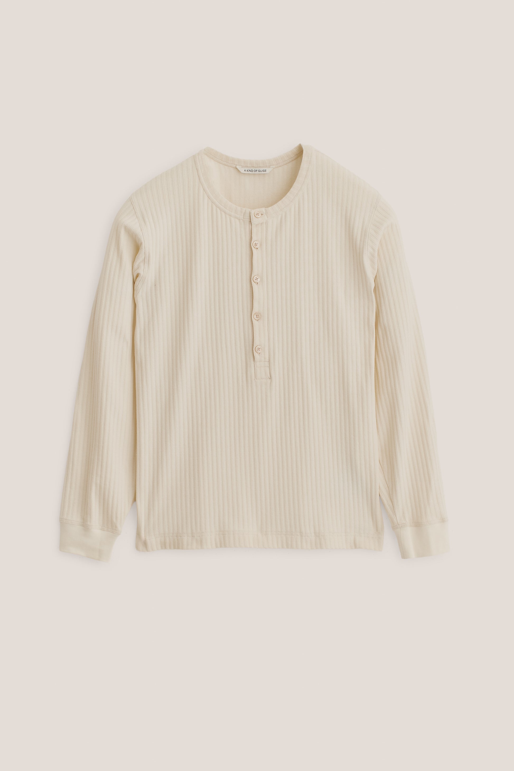 Men's jersey long-sleeved shirt, off-white cotton blend with ribbed texture and button placket.