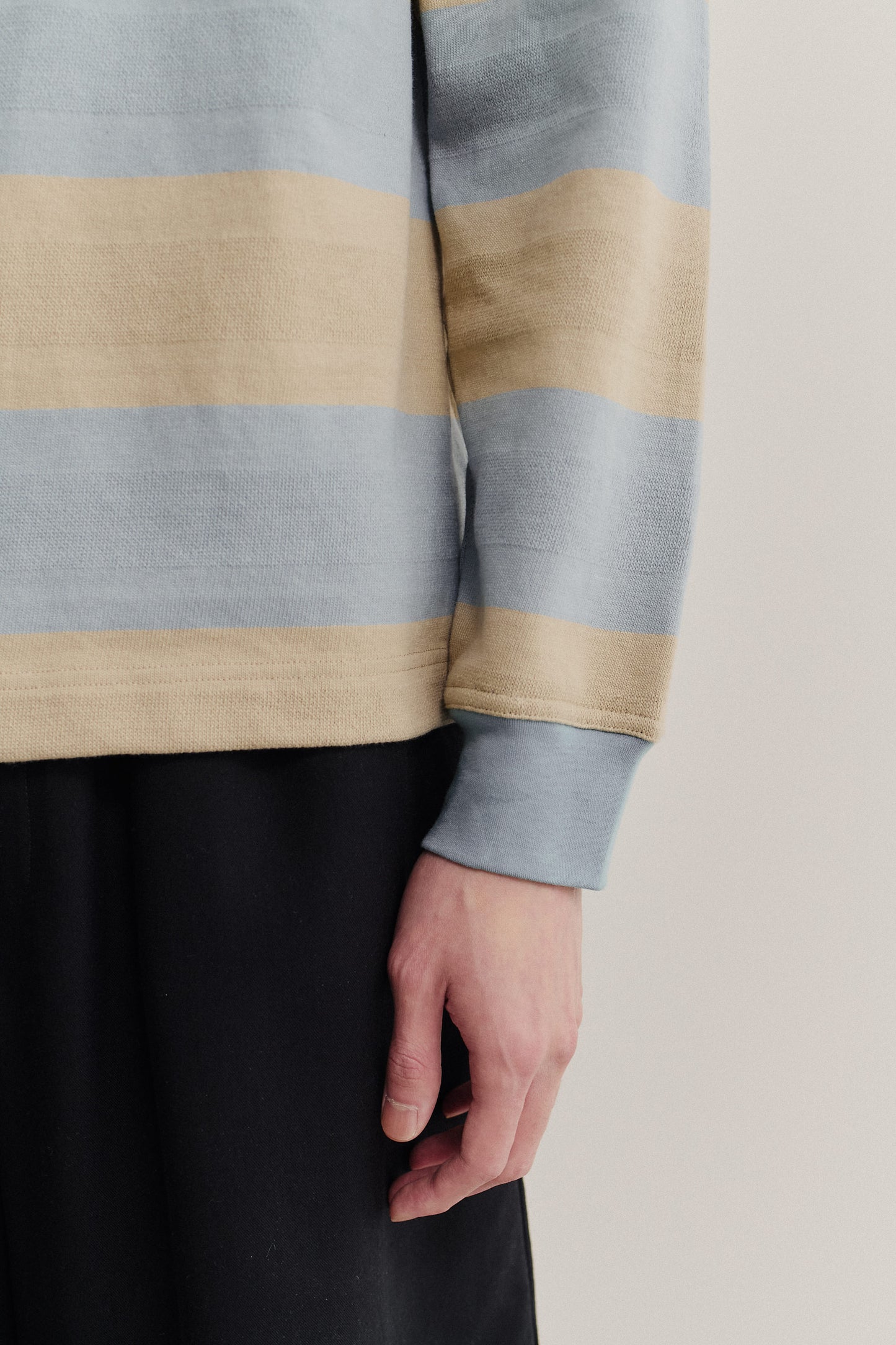 Men's jersey long-sleeved shirt, 100% organic cotton, yarn-dyed striped in soft turquoise and sandy beige.