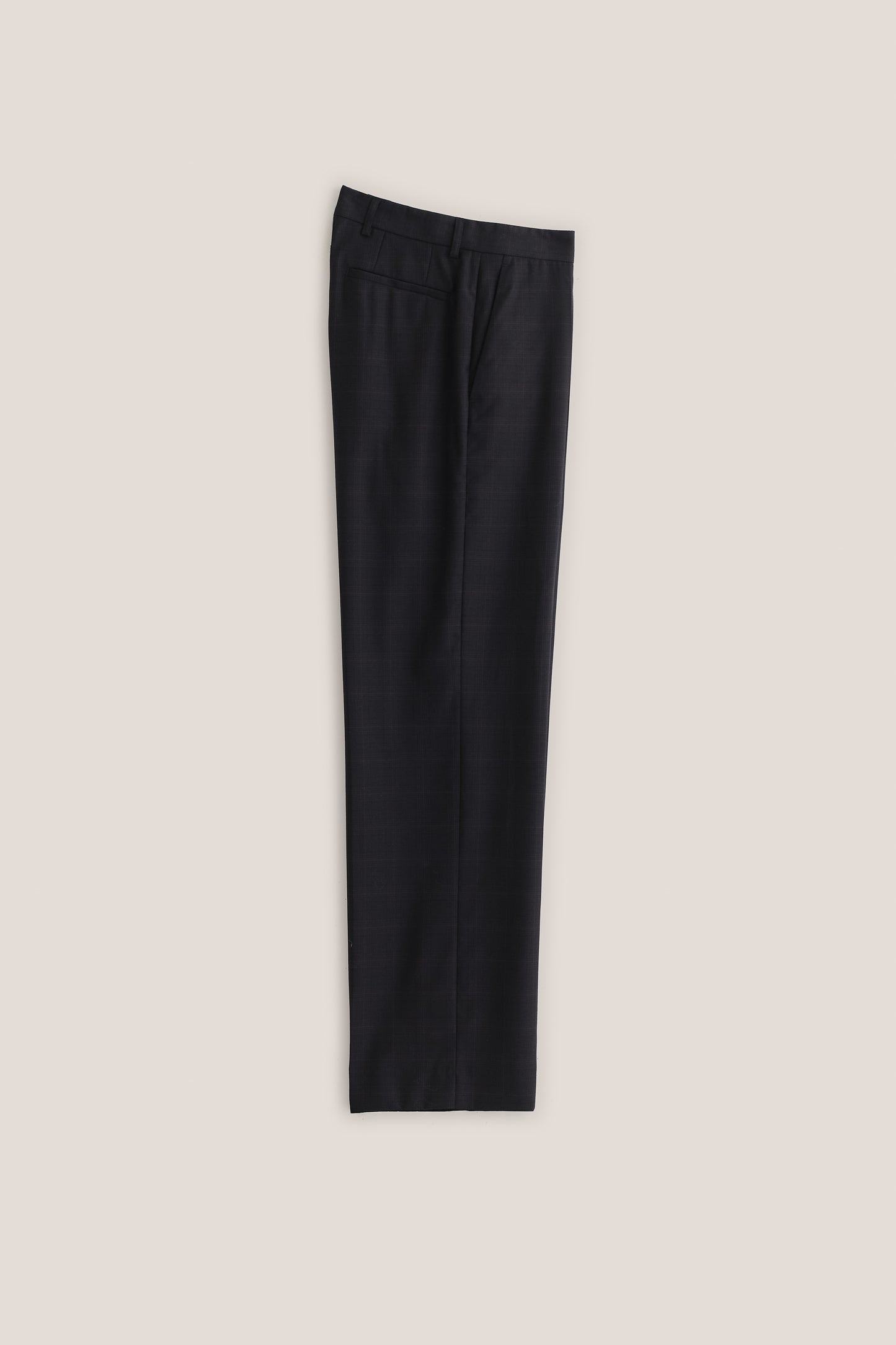 Men's tailoring long-pants, 100% virgin wool subtle checkered, navy, straight wide-leg cut, pressed front pleat.