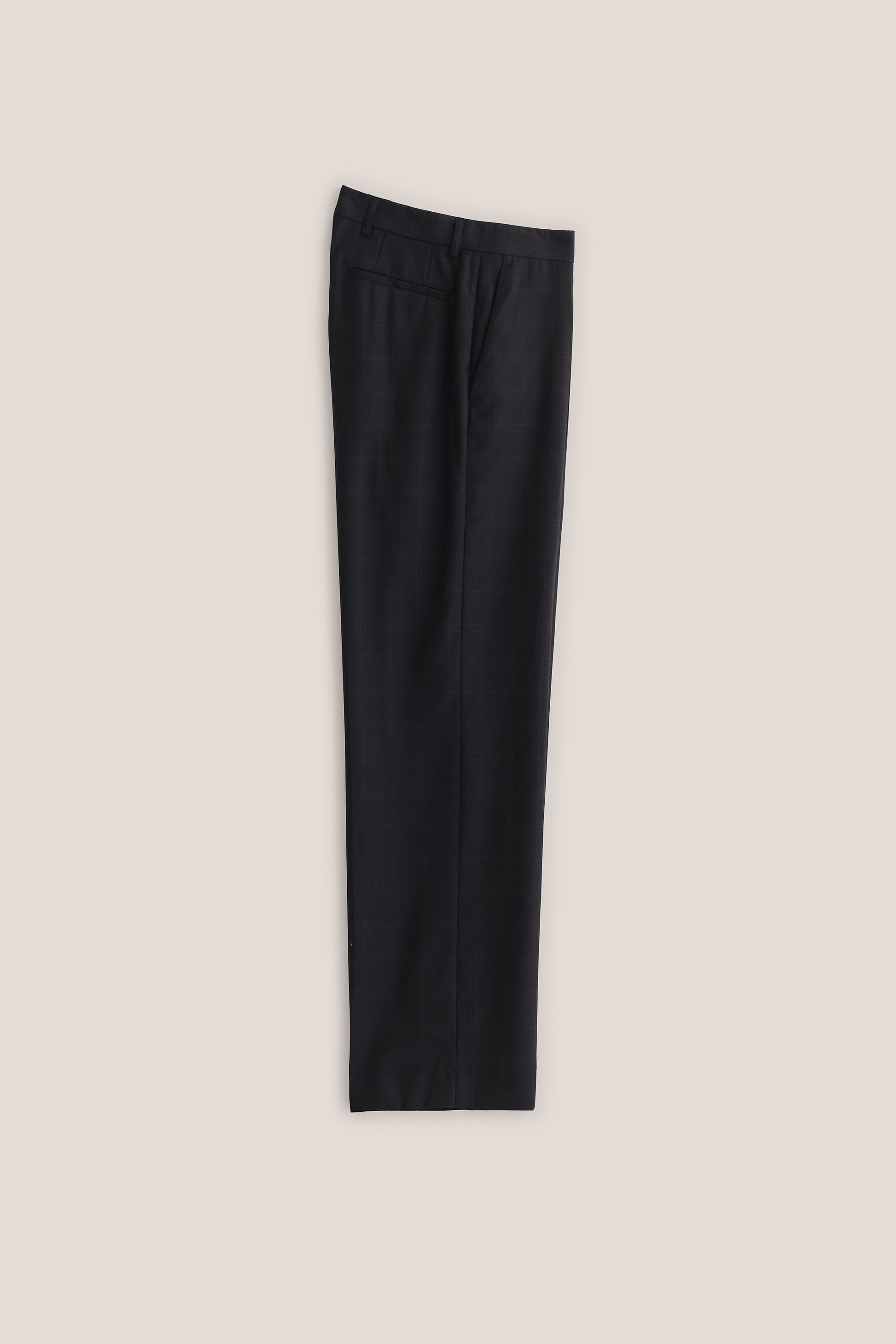 Men's tailoring long-pants, 100% virgin wool subtle checkered, navy, straight wide-leg cut, pressed front pleat.