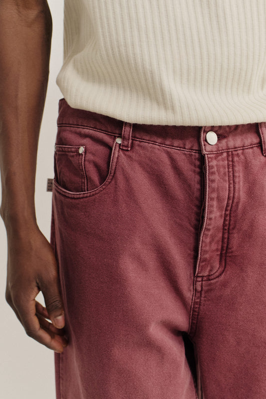 Men's long-pants, organic cotton, stone washed, red Terek Jeans.
