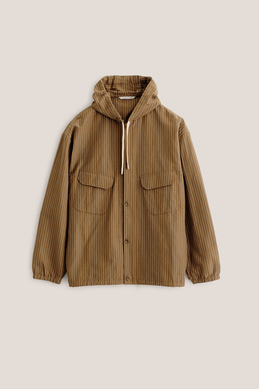 Men's outerwear jacket, cotton-linen seersucker with fine pinstripes, brown, hooded, front pockets.