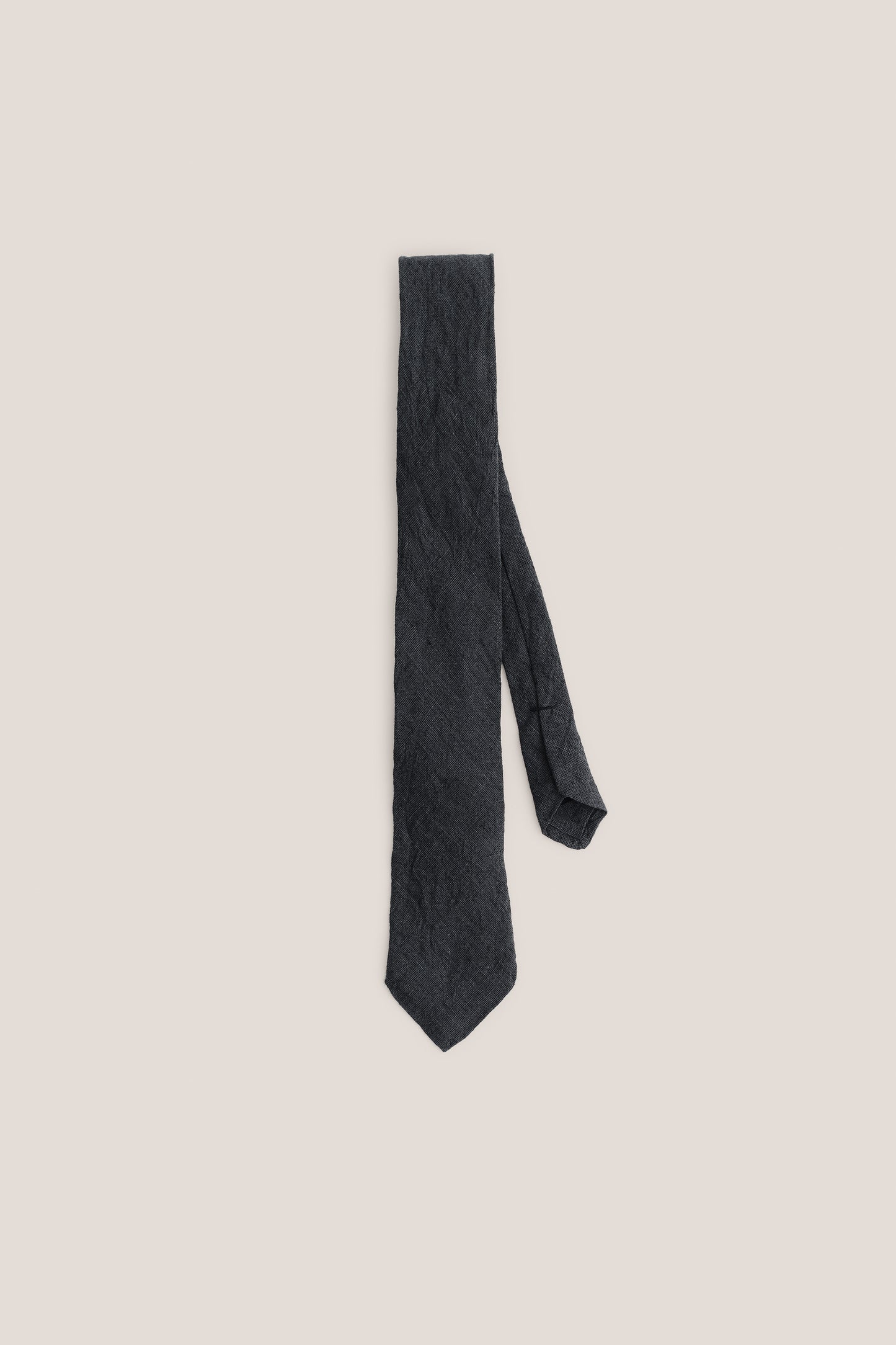 Men's accessories tie, 100% linen, plain weave, vintage texture, charcoal.