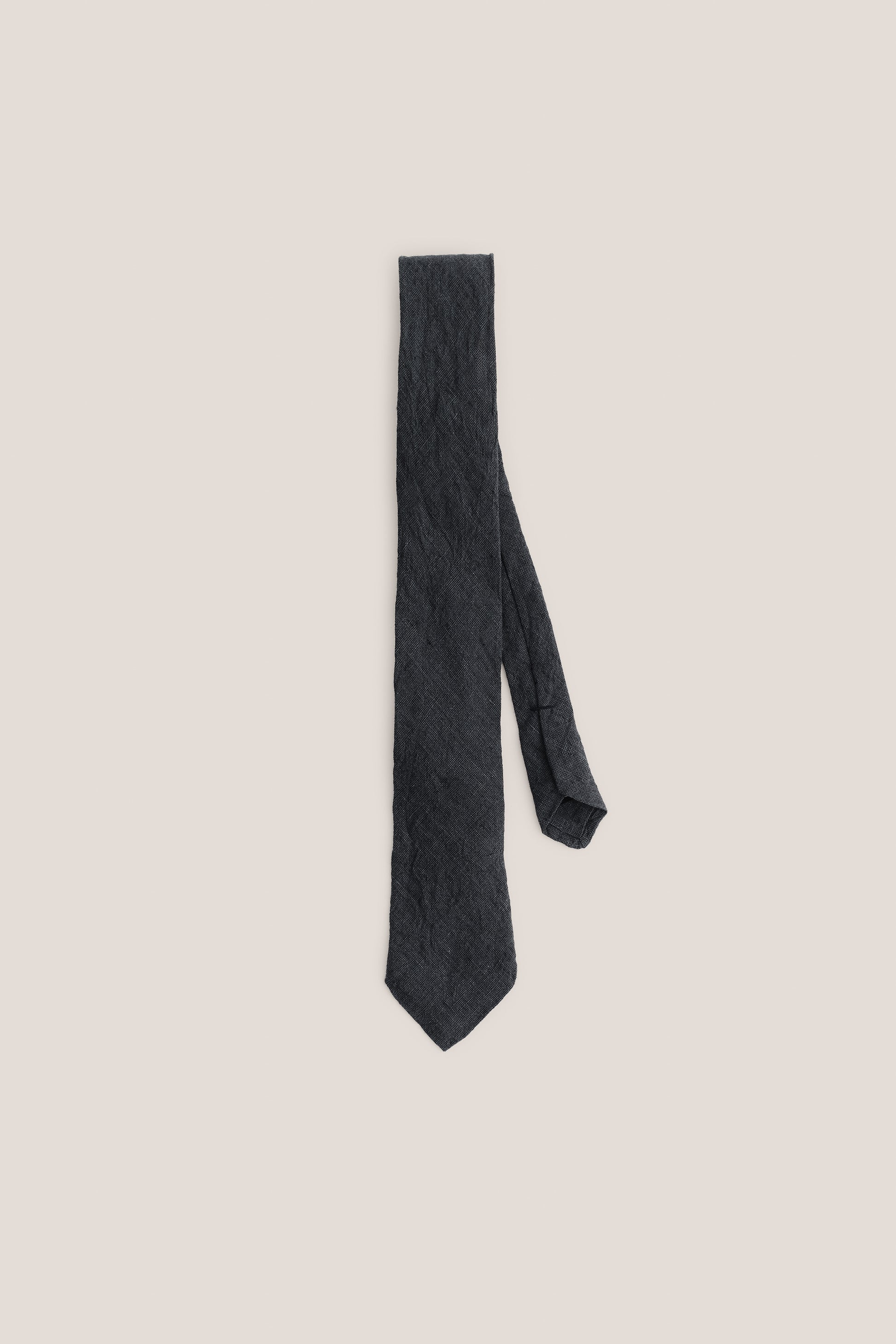Men's accessories tie, 100% linen, plain weave, vintage texture, charcoal.