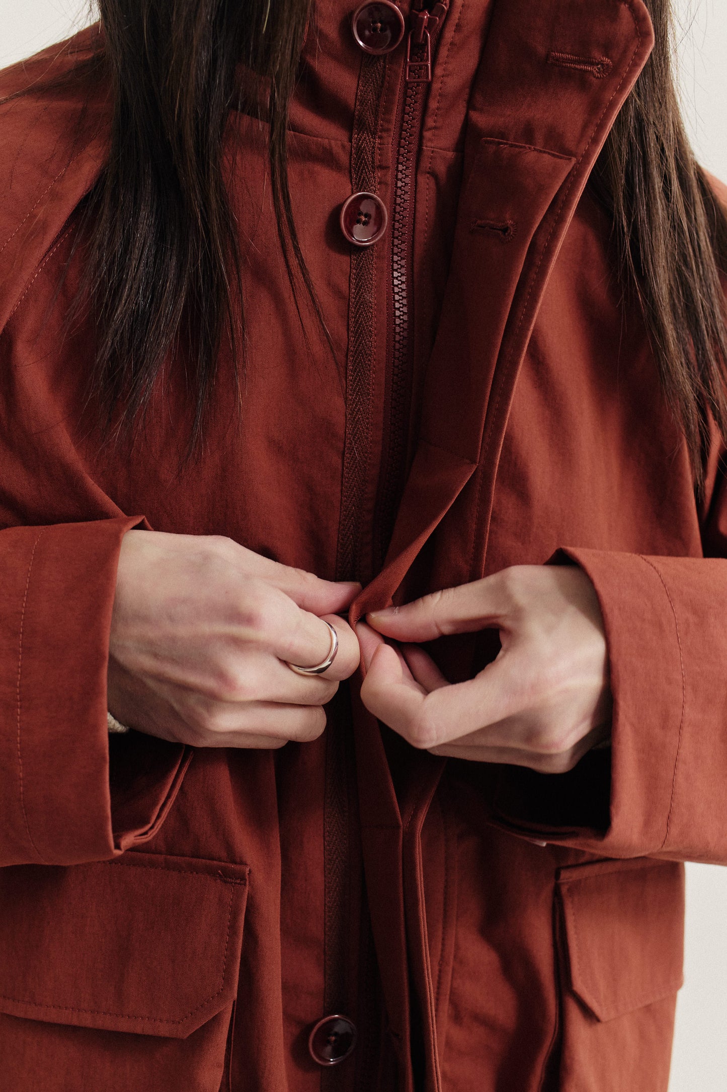 Men's outerwear jacket, Zambezi Fisher, in water-repellent cotton blend, rust red, with bellows pockets and button closure.