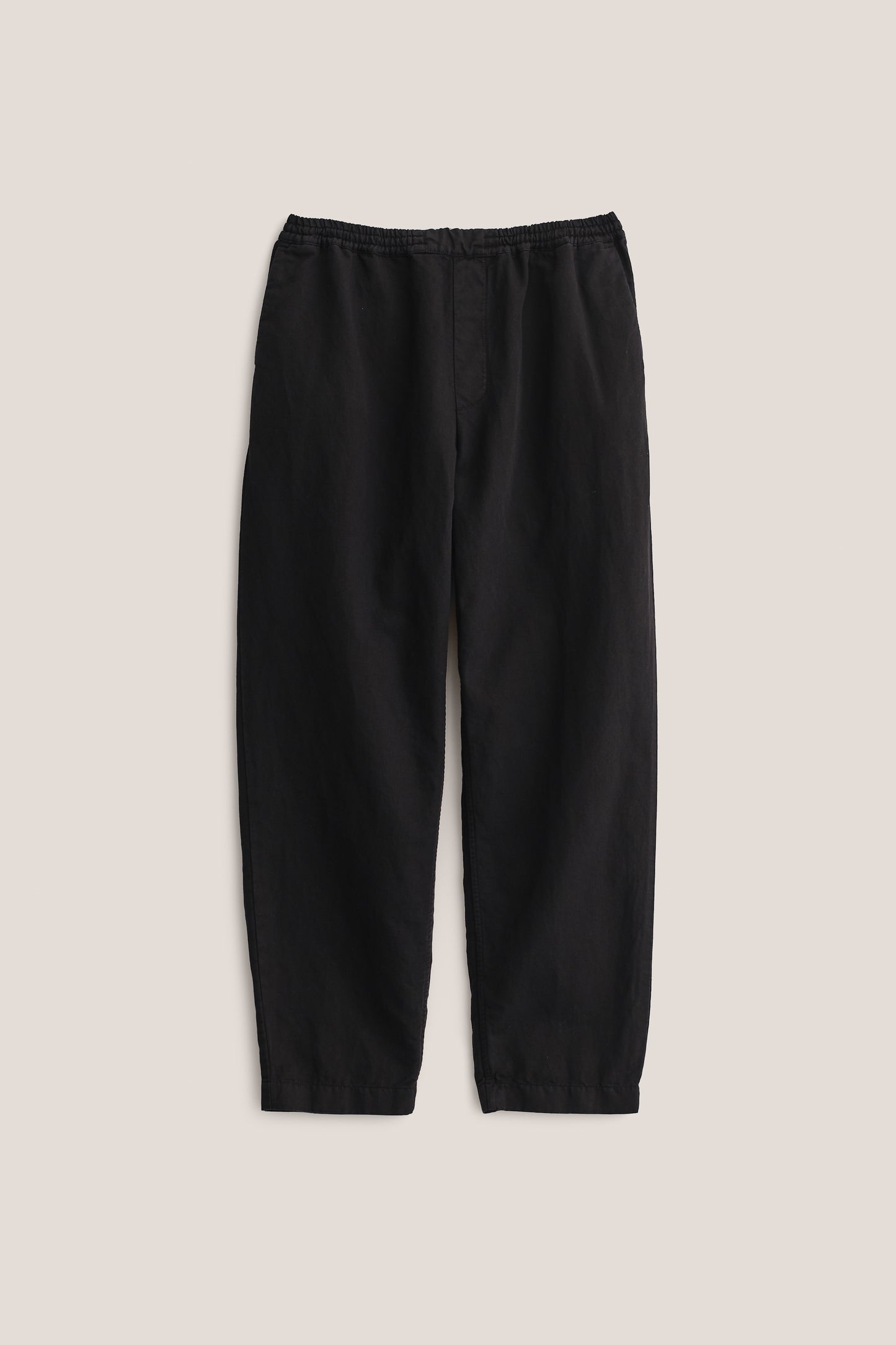 Men's long-pants, linen-cotton blend, garment-dyed black, relaxed fit, elastic waist, cropped leg.