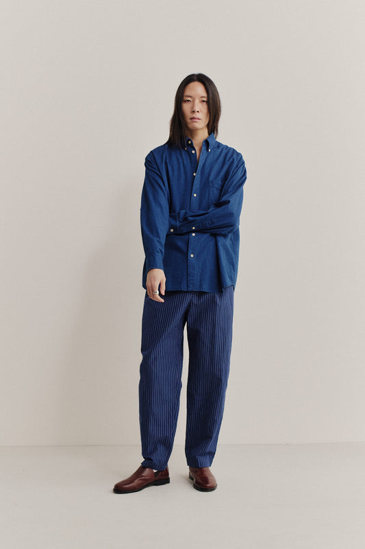 Men's long-pants, cotton-linen seersucker, navy with pinstripes, relaxed fit, cropped leg.