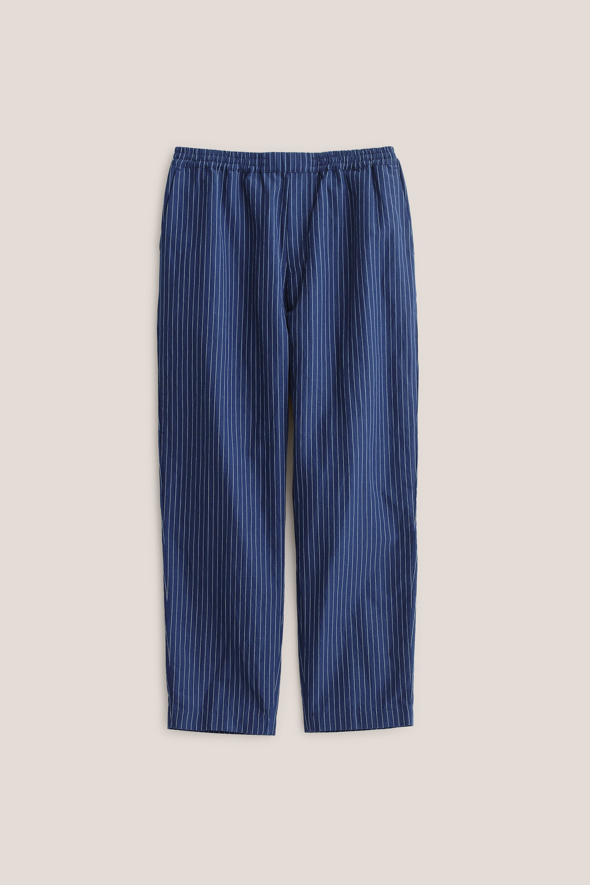 Men's long-pants, cotton-linen seersucker, navy with white pinstripes, elastic waist, cropped leg.