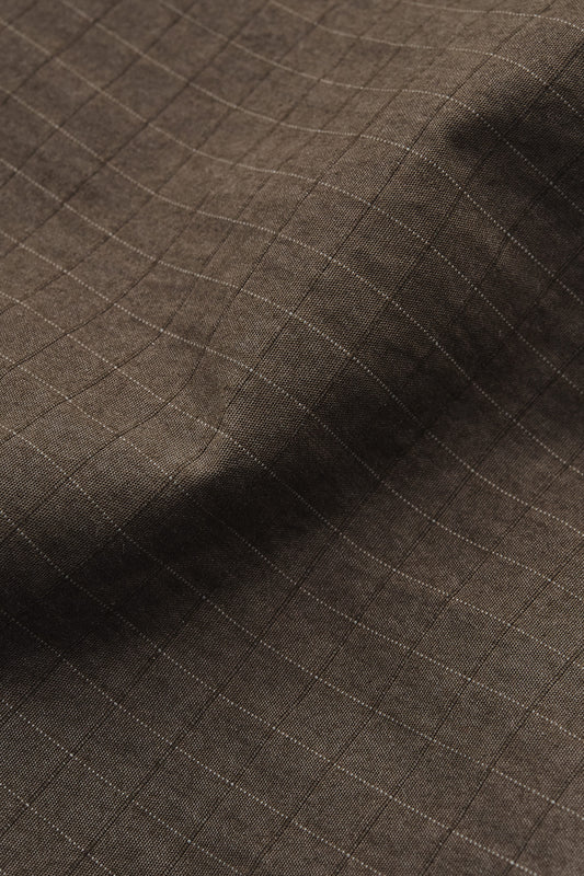 Men's long pants, cotton blend ripstop, dark brown with subtle white windowpane check.