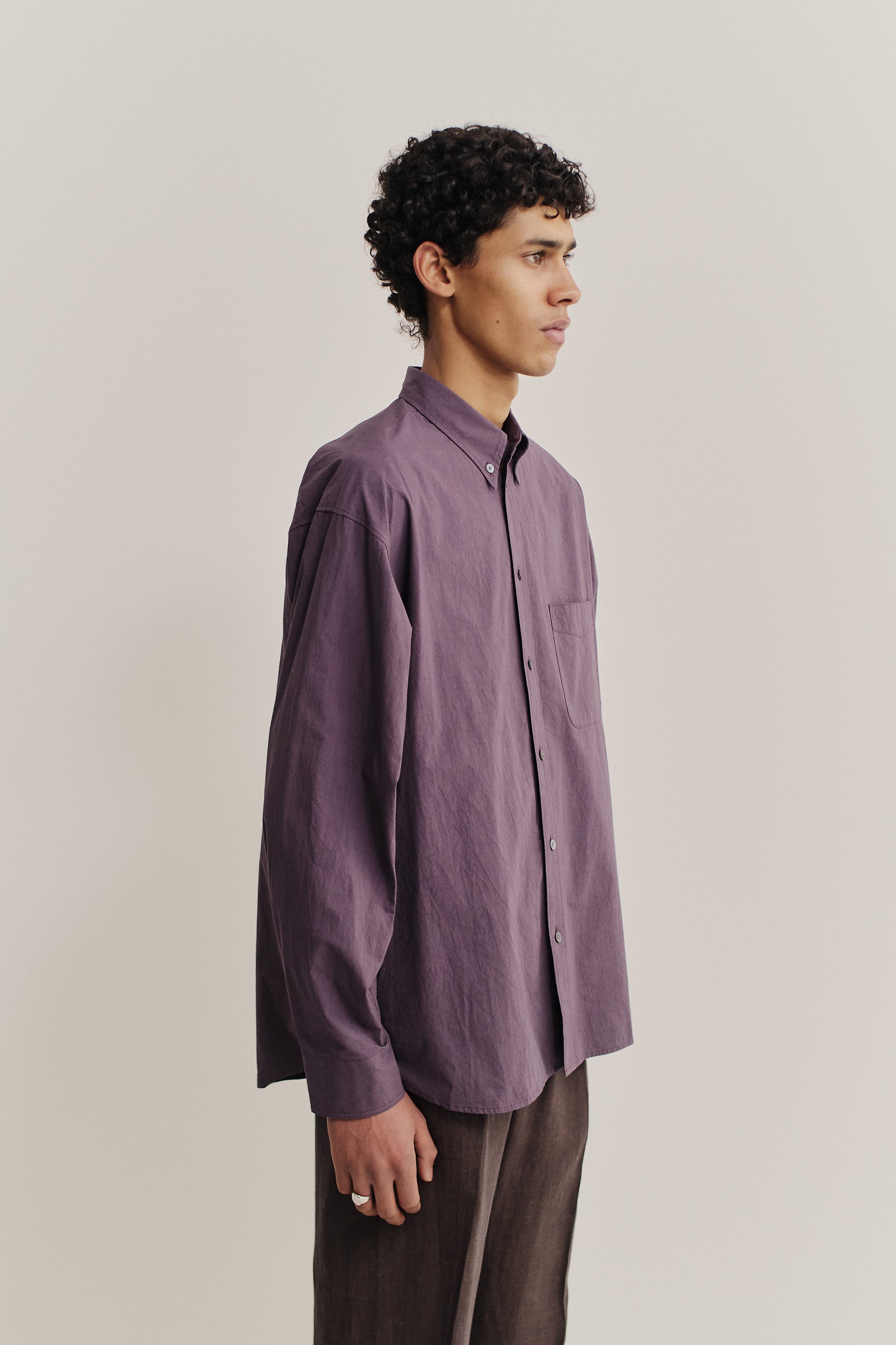 Men's long-sleeved shirt, cotton, purple, oversized Banita button-down with patch pocket.