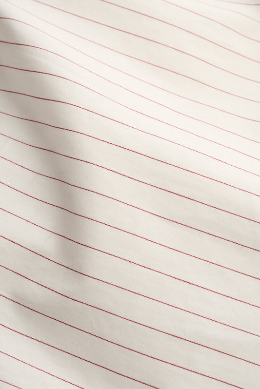 Men's short-sleeved shirt, 100% cotton, off-white with delicate burgundy pinstripes.