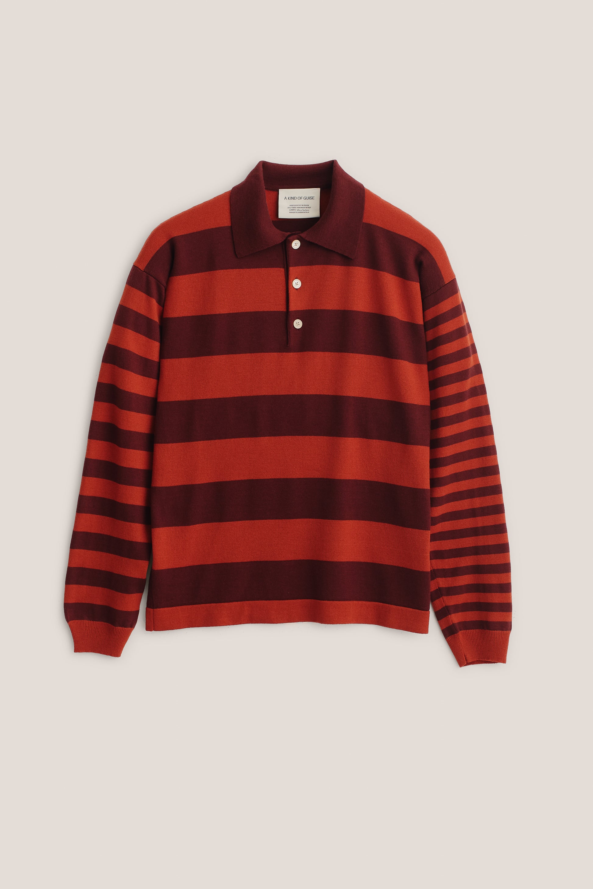 Men's knit long-sleeved polo shirt, 100% fine merino wool, striped in red and burgundy.