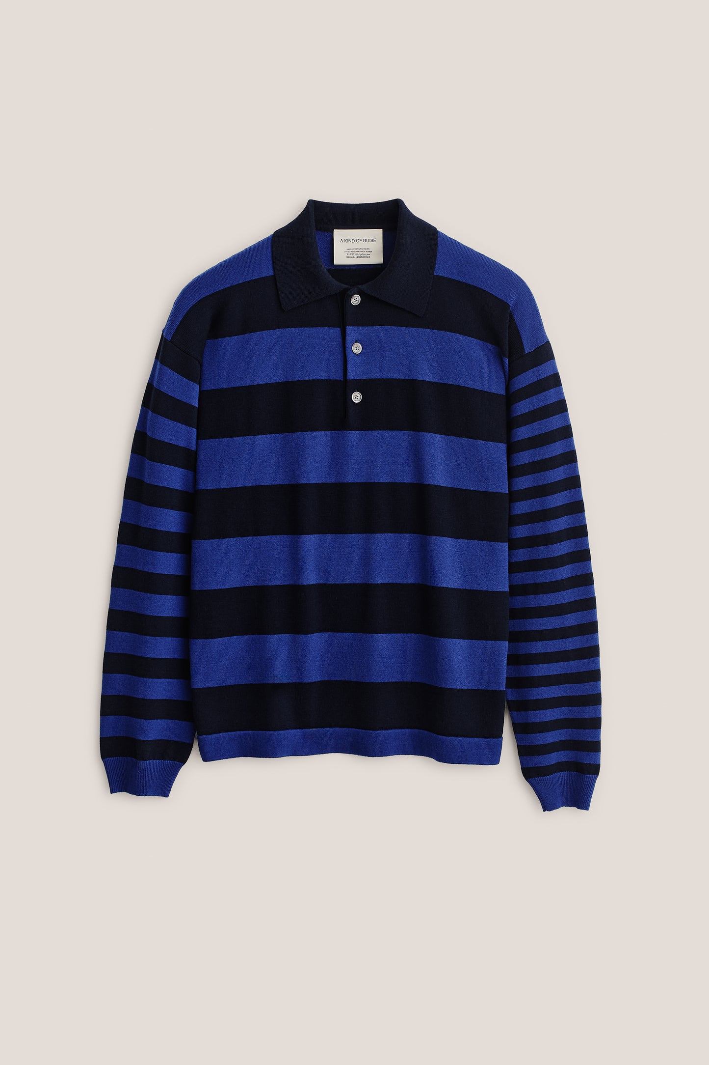 Men's knit long-sleeved polo shirt, 100% fine merino wool, navy and royal blue horizontal stripes.