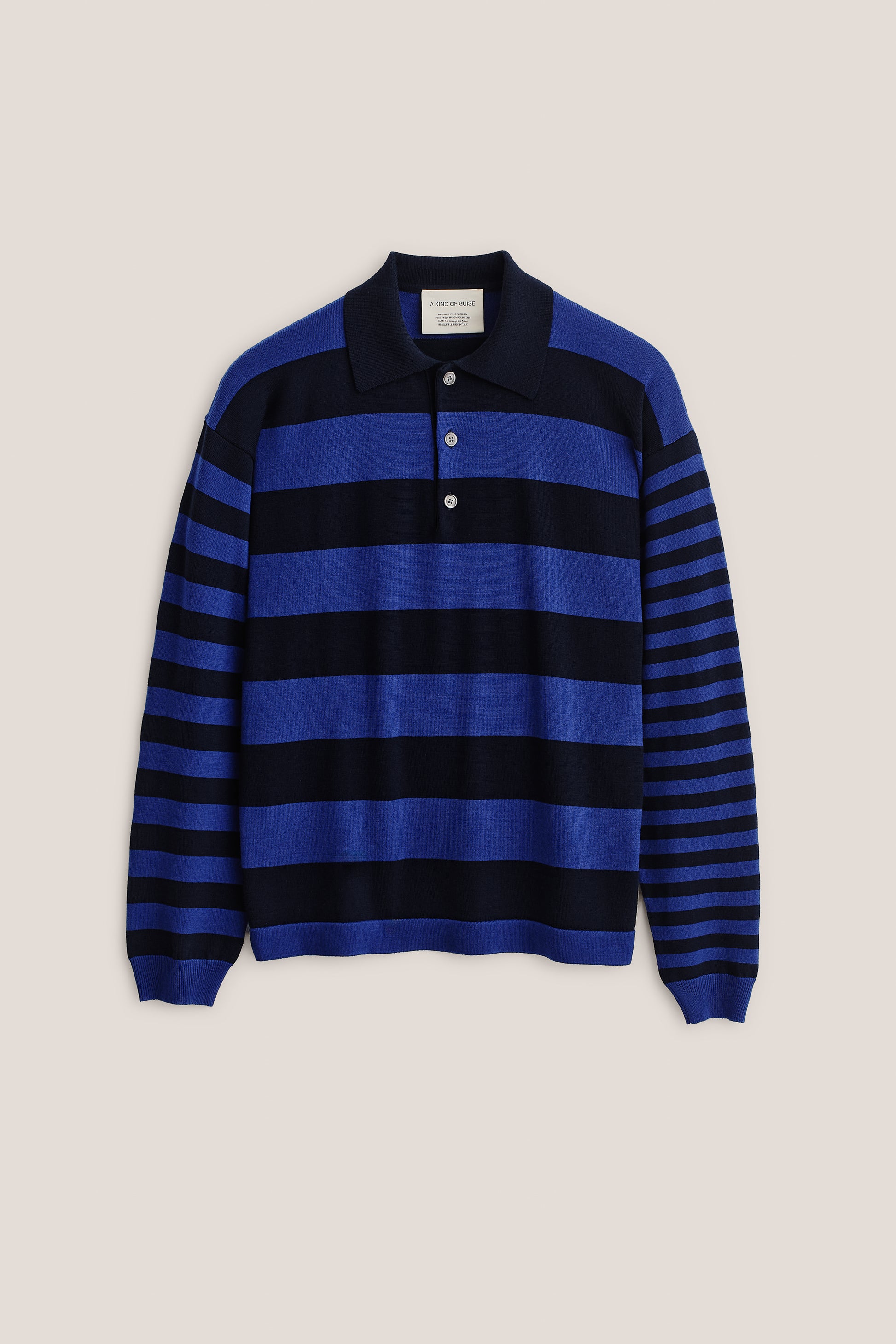 Men's knit long-sleeved polo shirt, 100% fine merino wool, navy and royal blue horizontal stripes.