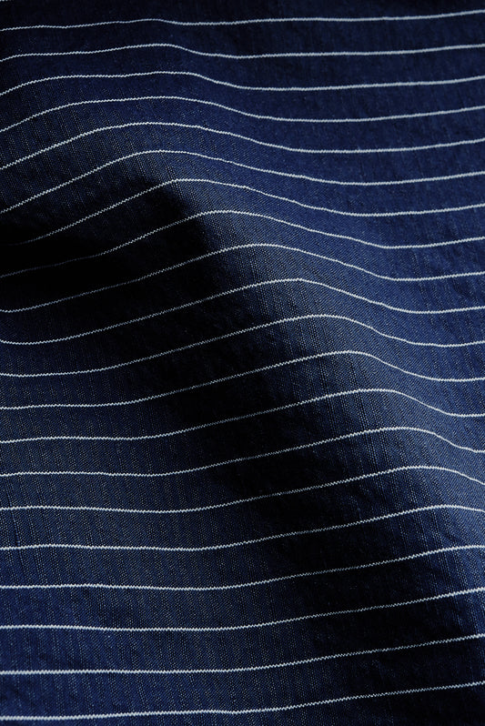 Men's outerwear jacket, cotton-linen seersucker with fine pinstripes, navy.