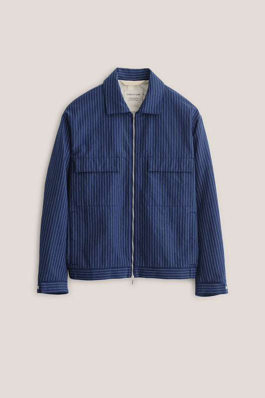 Men's outerwear jacket, cotton-linen seersucker, navy with pinstripes, boxy fit, flap chest pockets, front zip.