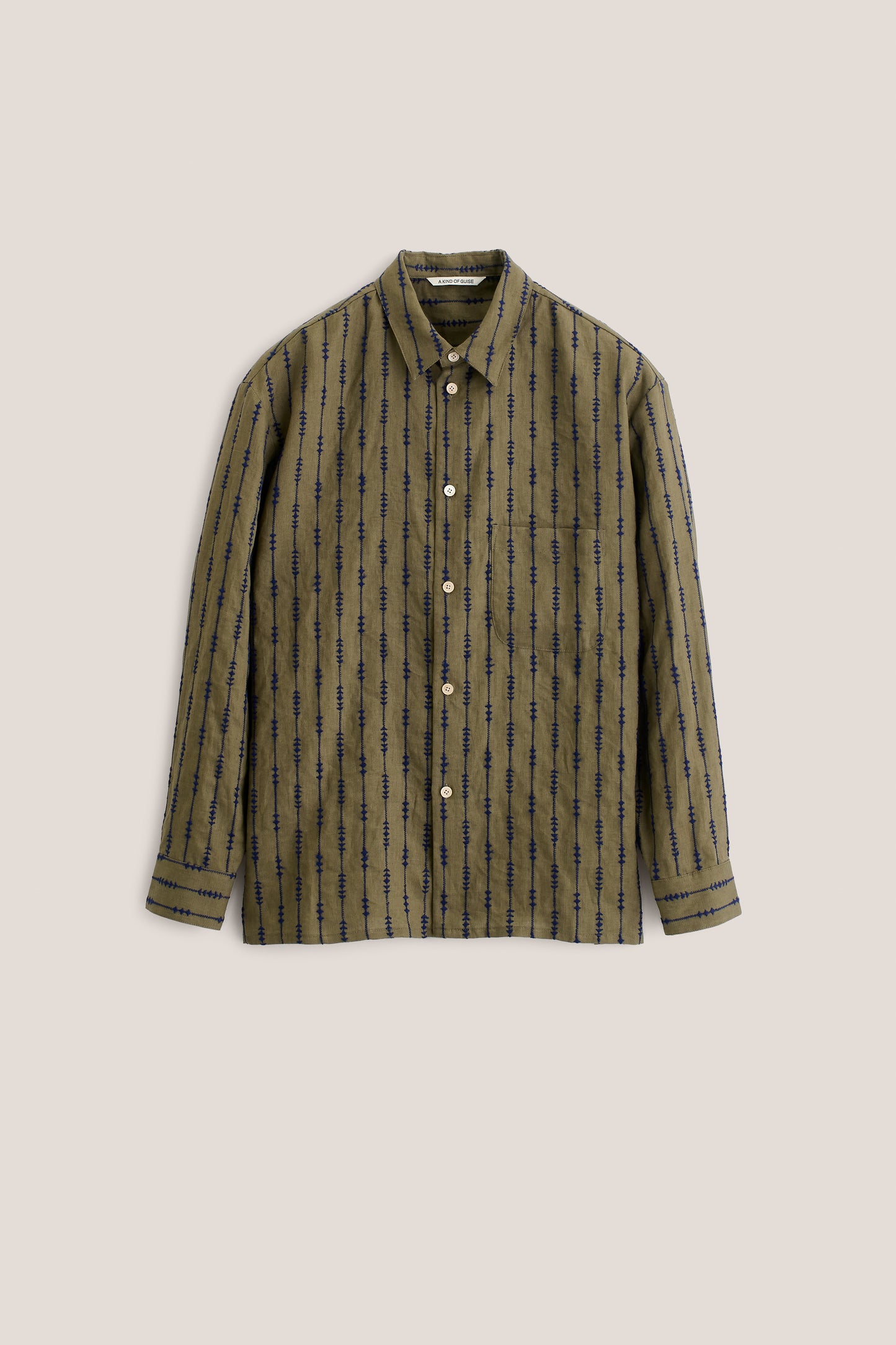 Men's long-sleeved shirt, 100% linen, olive green with blue embroidered lines, oversized fit.