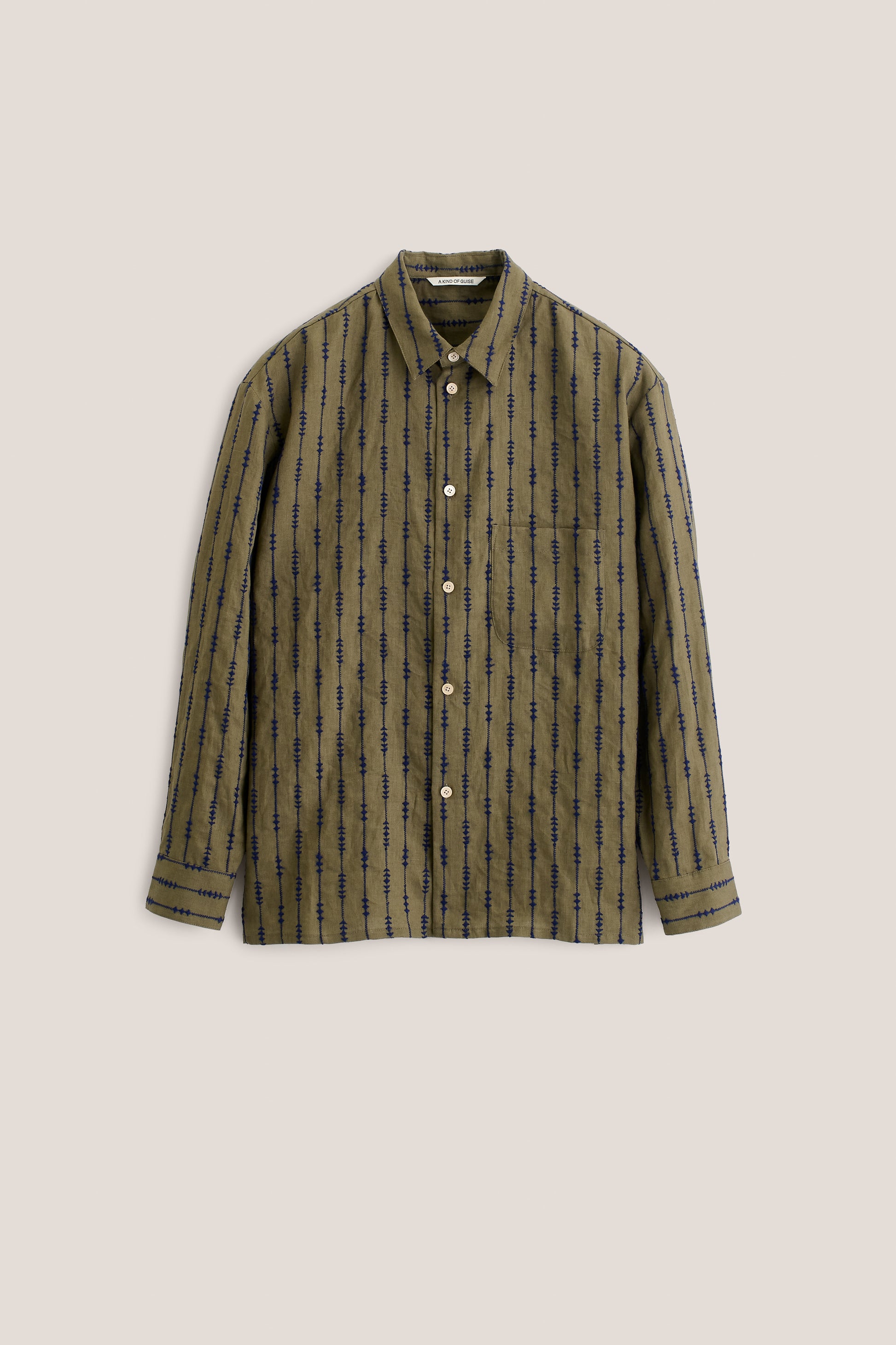 Men's long-sleeved shirt, 100% linen, olive green with blue embroidered lines, oversized fit.